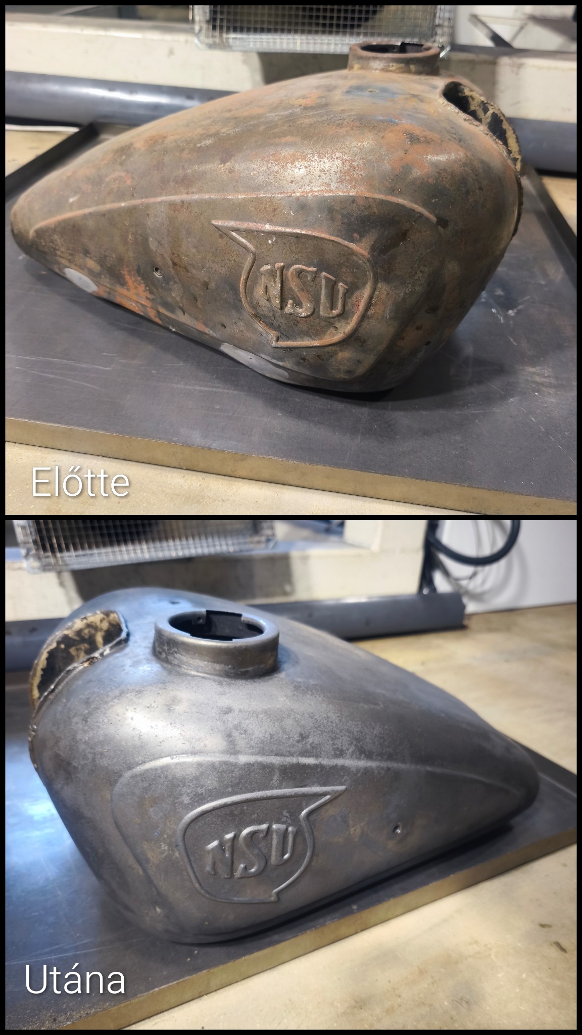 Motorkerékpár tank – előtte / utána